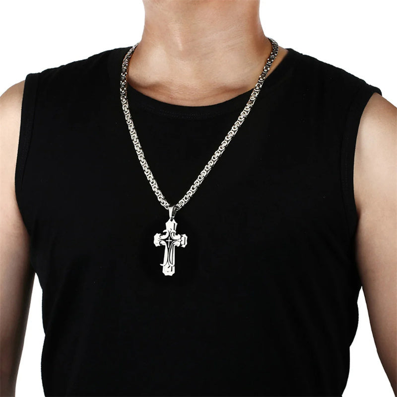 Christian Trinity Latin Cross Necklace For Men Stainless Steel Three Layers