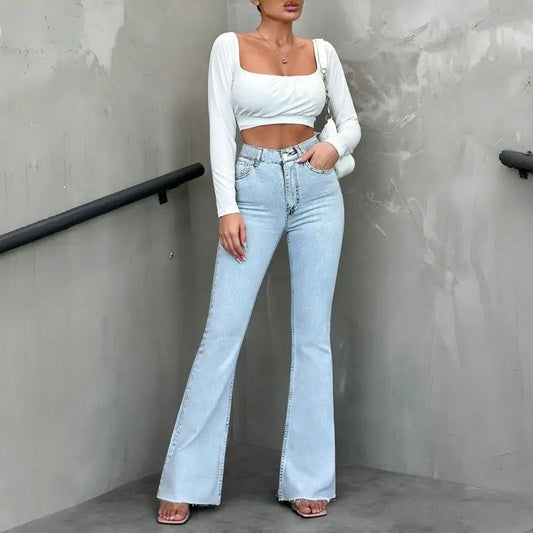 Women's Casual Versatile Mid-Waist Washed Solid Color Raw Hem Flare Jeans by GJG Denim