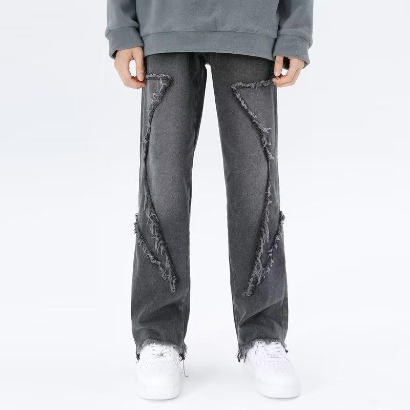 Raw Hem Jeans Men's American High Street Straight-leg Pants