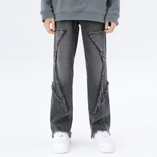 Raw Hem Jeans Men's American High Street Straight-leg Pants