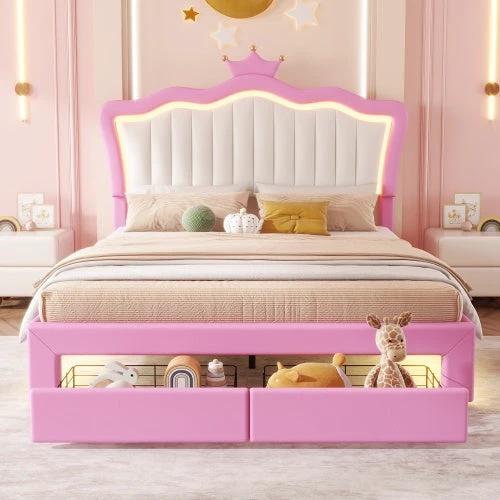 Full Size Upholstered Bed Frame With LED Lights, Modern Upholstered Princess Bed With Crown Headboard, 2 Drawers by GJG Denim