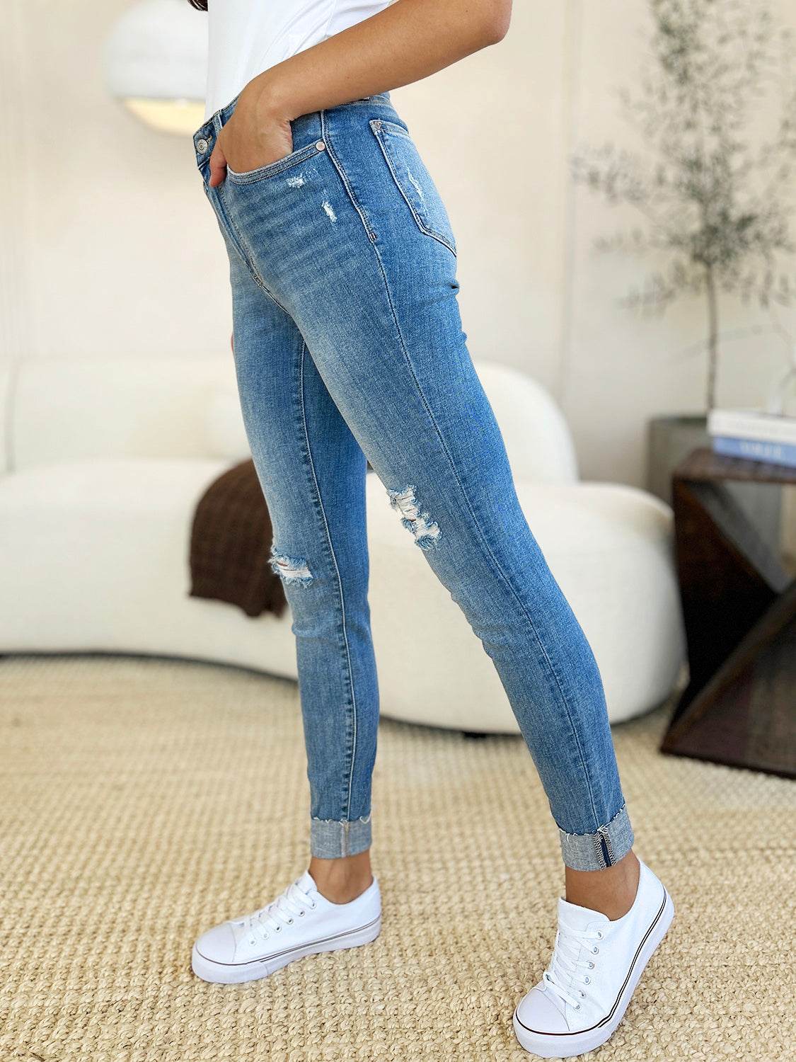 Judy Blue Full Size Mid Rise Destroy & Cuff Skinny Women Jeans