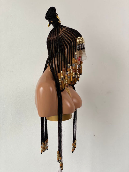 Queen Arewa Cornrow Beaded Wig (100% Full Lace Base) Color 1B