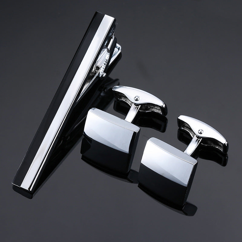 Gold Silver Black Square Brushed Tie Clip And Cufflinks