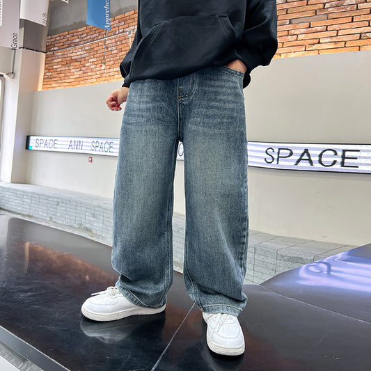 Trendy Boys Straight Loose Jeans Solid Color