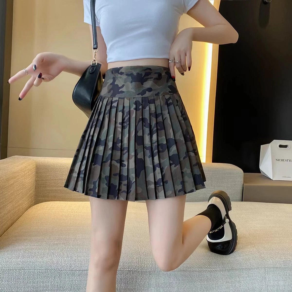 Camouflage All-Match Mid-Rise Pleated A-Line Skirt by GJG Denim