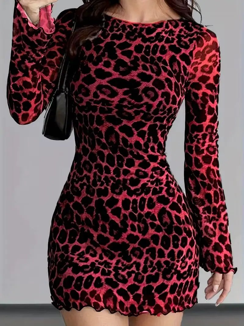 European And American Women's Clothing Leopard Print Round Neck Long-Sleeved Dress Elegant Mesh Short Skirt Vacation Seaside Dress by GJG Denim
