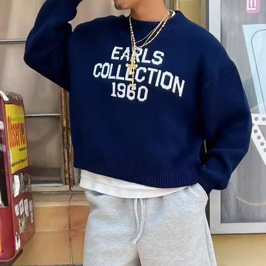 Men's Round Neck Long Sleeve Letters "Earl's Collection" Brocade Sweater