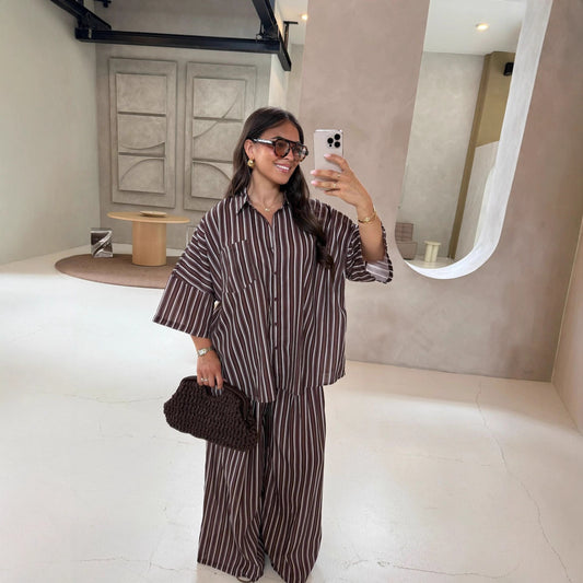Casual Striped Shirt Wide Leg Pants Suit