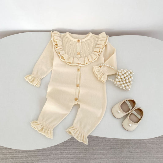 Baby Girl Round Neck Ruffled Stitching Long Climbing Fashionable Stylish Solid Color Jumpsuit