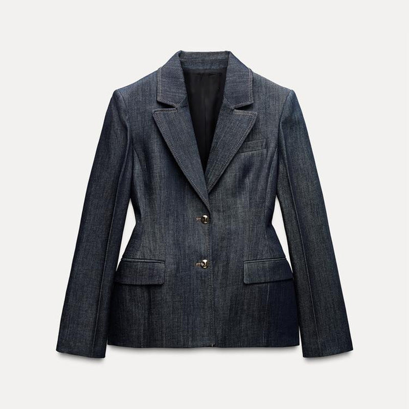 Dark Blue Temperament Waist-controlled Hong Kong Style Denim Suit