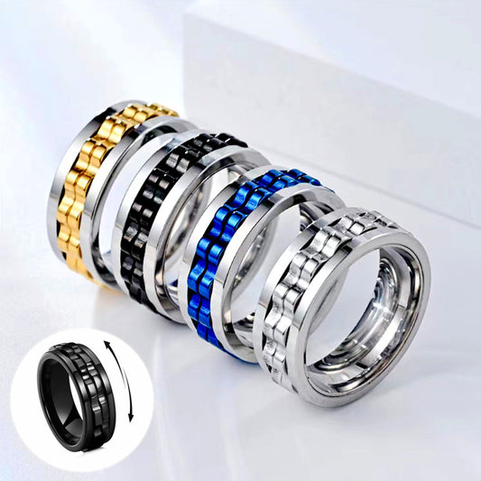 Men's Titanium Spinner Square Texture Polished Stainless Steel Gear Rotating Anxiety Fidget Rings