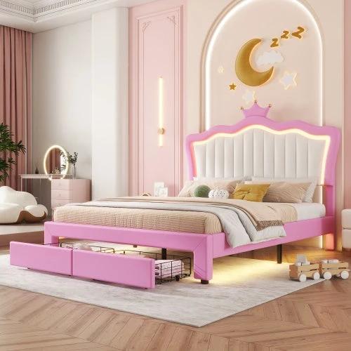 Full Size Upholstered Bed Frame With LED Lights, Modern Upholstered Princess Bed With Crown Headboard, 2 Drawers by GJG Denim