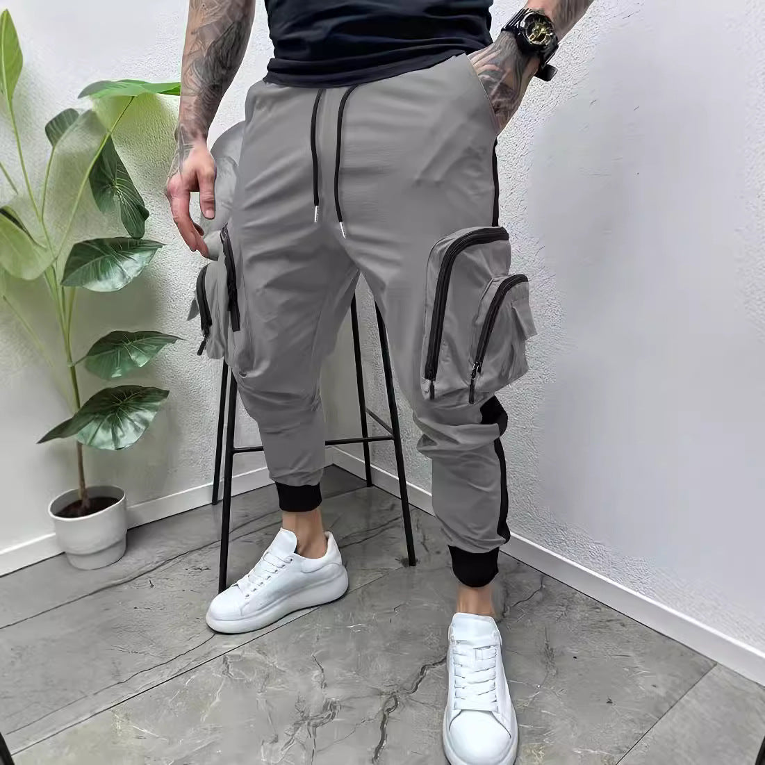 Casual Zipper Multi-pocket Color Matching Tapered Pants For Men