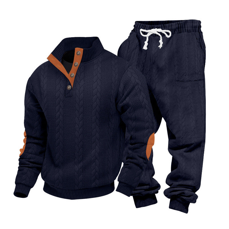 Men's Loose Stand Collar Henley Sweatshirt Casual Pants Set