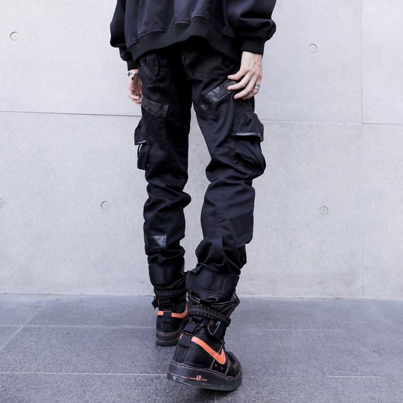 Men High Street Fashion Faux Leather Pocket Splice Casual Cargo Pants