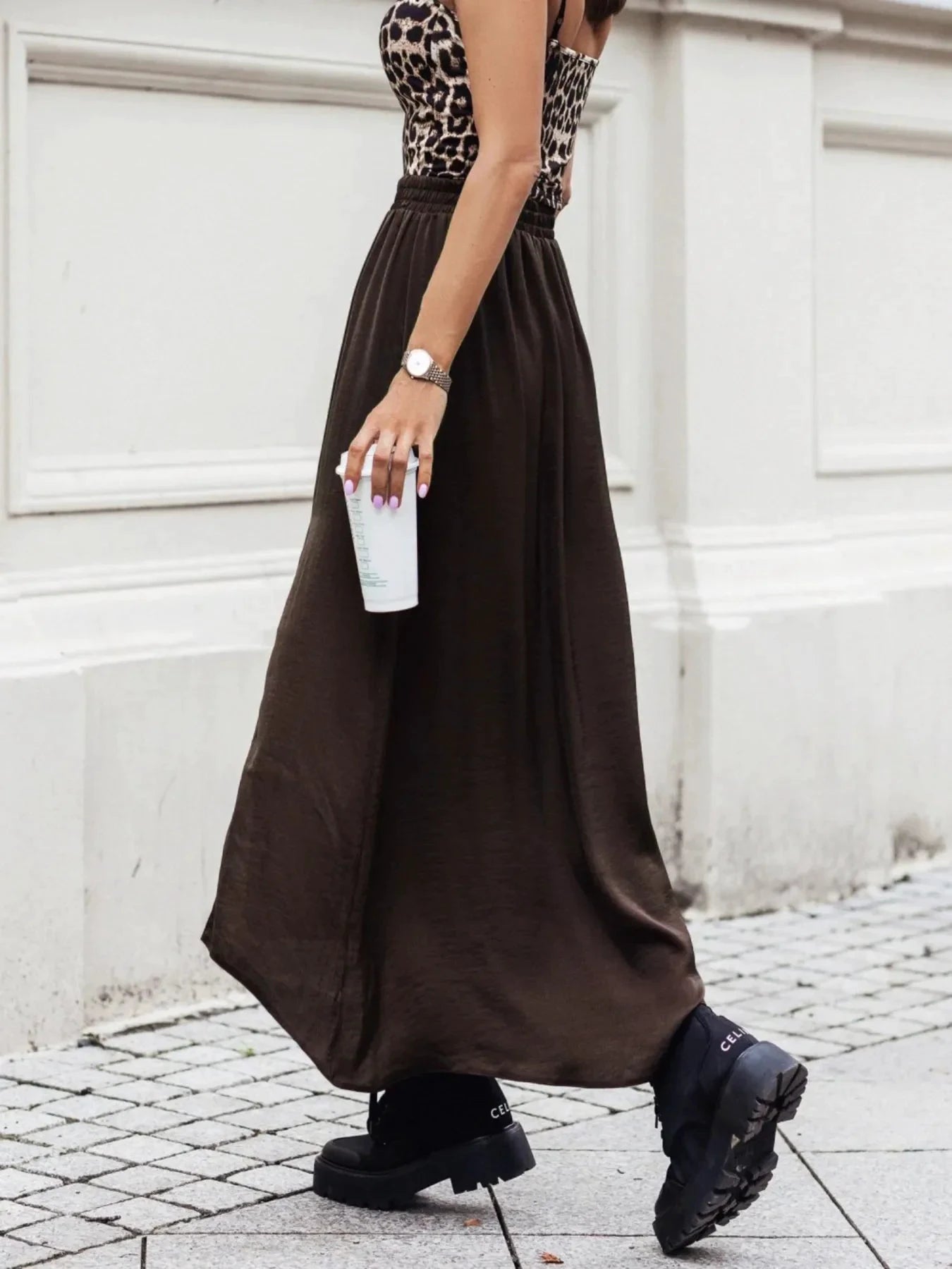 Elastic Waistband High-Slit Maxi Skirt by Lady Ros