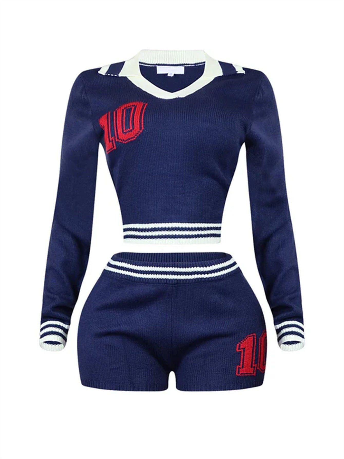 Lapel Girls Contrast Color Stretch Long Sleeve Top Shorts Suit Women
