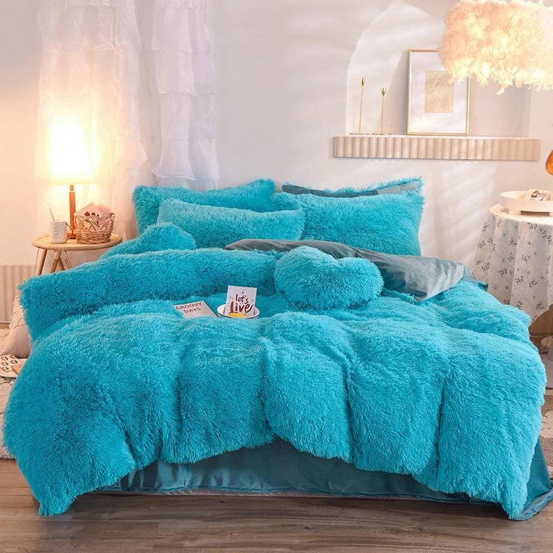 Luxury Thick Fleece Duvet Cover Queen King Winter Warm Bed Quilt Cover Pillowcase Fluffy Plush Shaggy Bedclothes Bedding Set Winter Body Keep Warm by GJG Denim