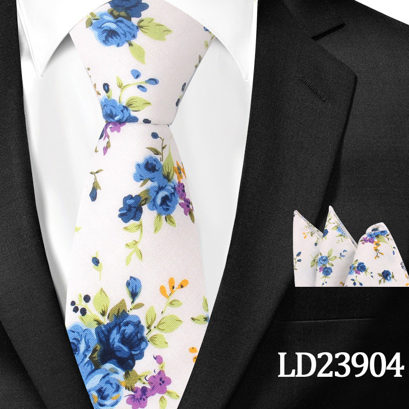 Men's Casual Cotton Floral Print 6cm Tie and Pocket Square