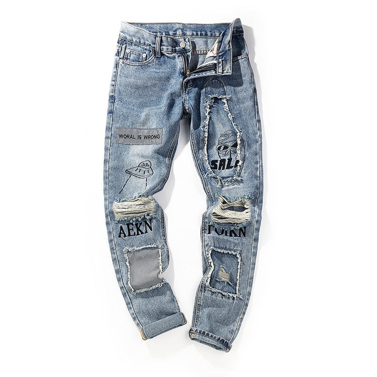 Knee Hole Patch Cloth Jeans For Men