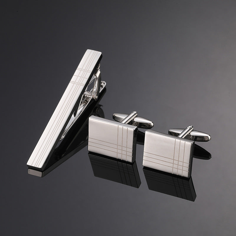 Gold Silver Black Square Brushed Tie Clip And Cufflinks