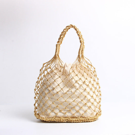 Gold Silver Color Hollow Out Cutout Portable Straw Weaved Bag Hand Carrying Woven Bag Vacation Beach Bag Women Bag