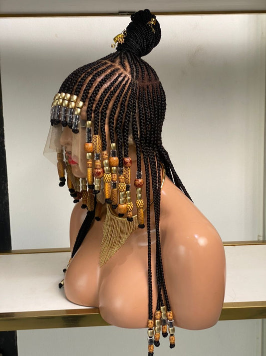 Queen Arewa Cornrow Beaded Wig (100% Full Lace Base) Color 1B