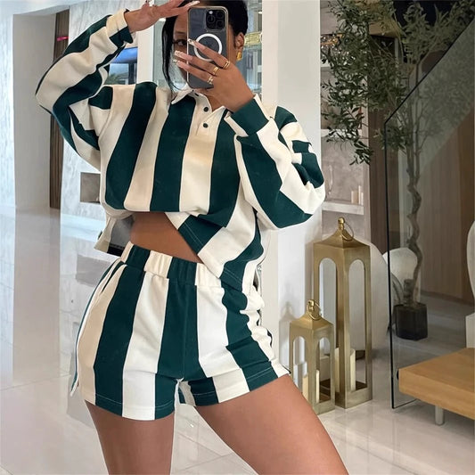 Womens Stylish Striped Printed Long-Sleeve Top And Shorts Set by GJG Denim