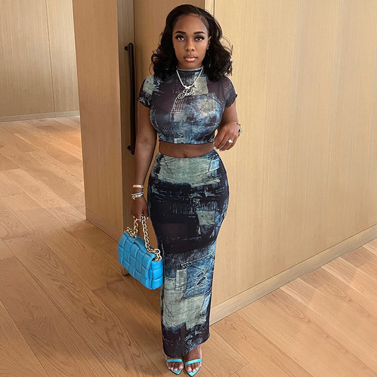 Round Neck Crop Top High Waist Hip Skirt Set