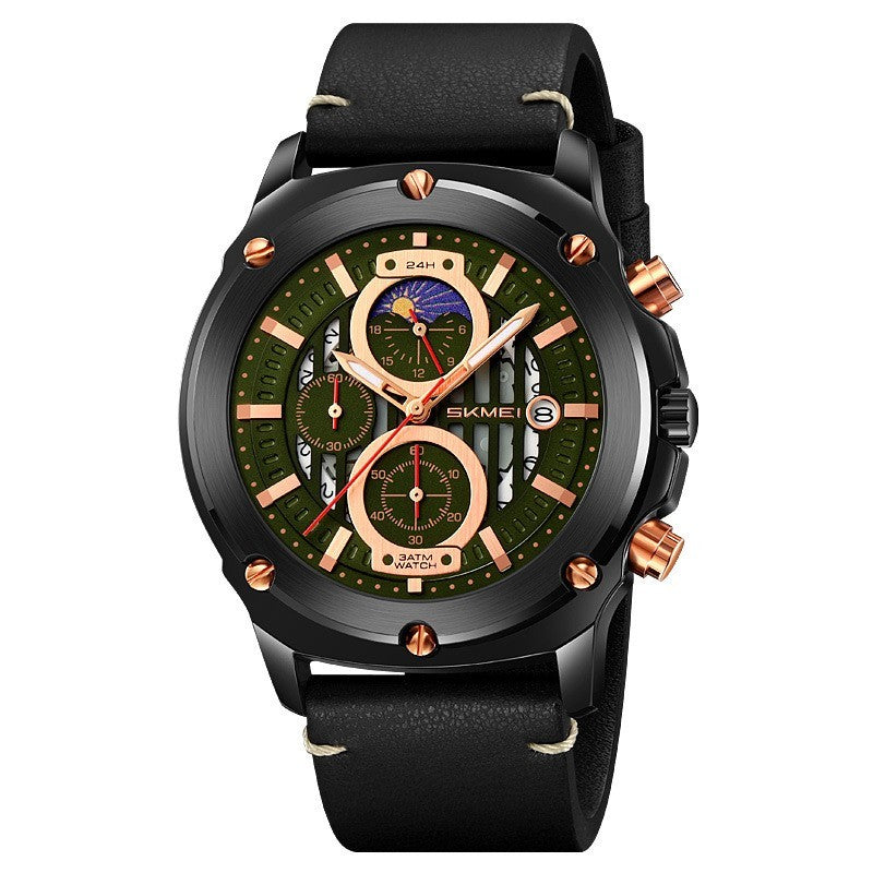 Men's Fashion Trend Leather-belt Three Eyes And Six Needles Quartz Watch