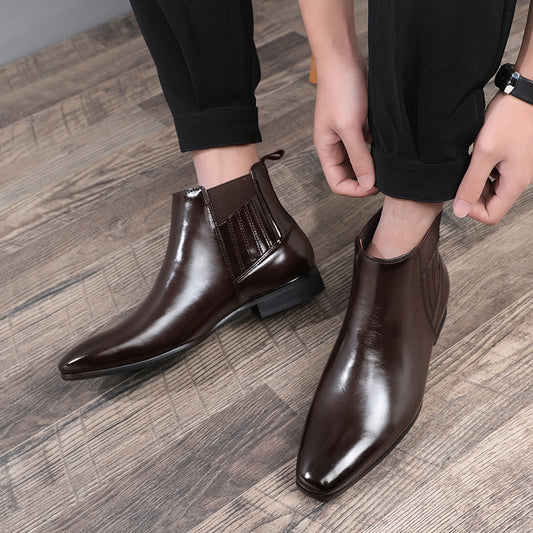 Men's Pointed Toe Chelsea-style Boots Square Heel Business Formal Leather Shoes