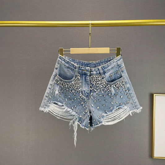 Ripped Rhinestone Denim Shorts
