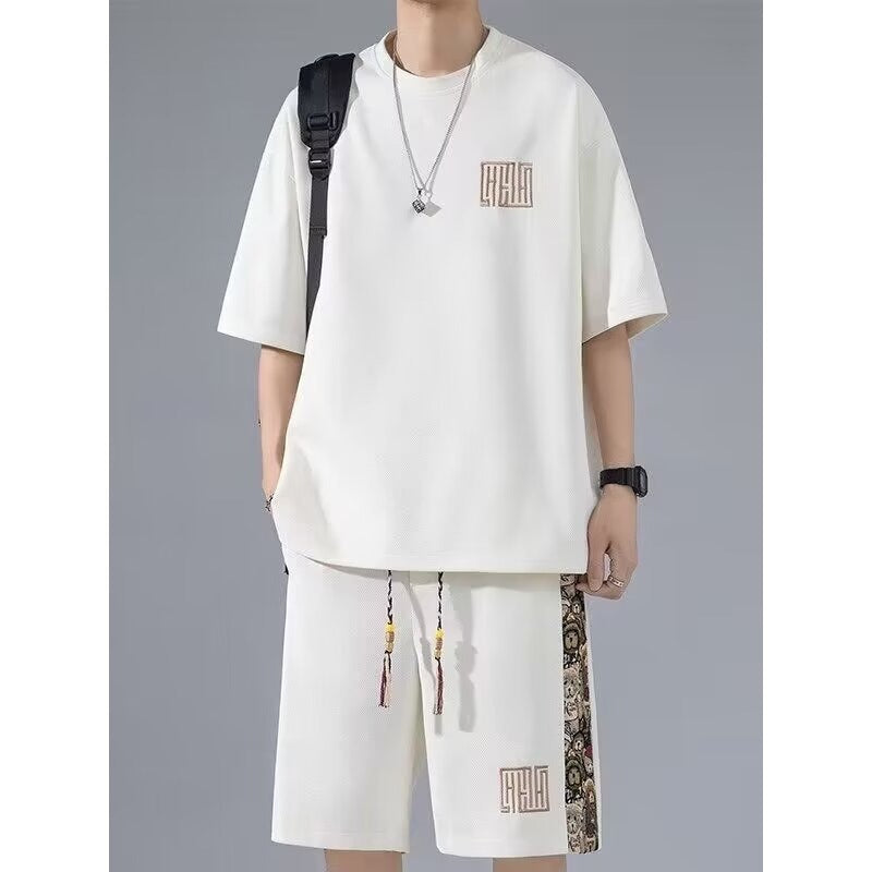 Waffle Embroidery Summer Loose All-match Short Sleeve Two-piece Set