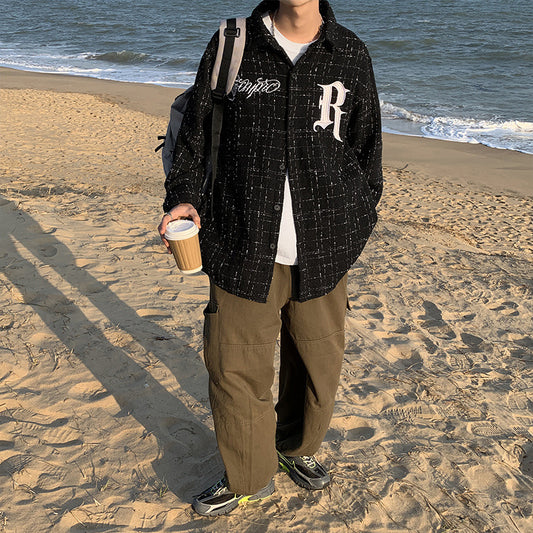 Men's Letter Embroidery Plaid Long Sleeve Shirts