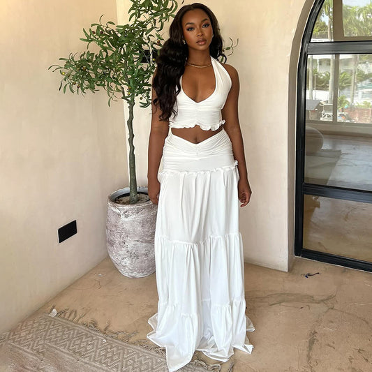 Summer Lace Halterneck Vest Pleated Skirt Suit