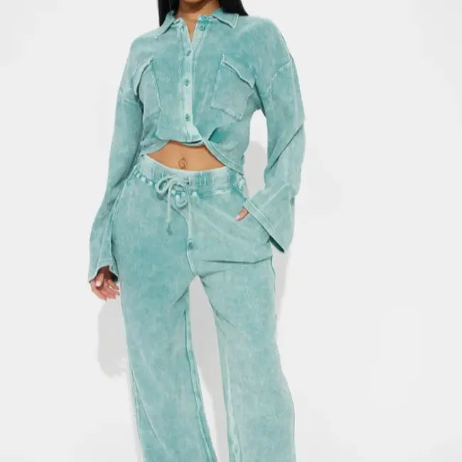 Blue Button-up Shirt With Matching Pants Set by GJG Denim