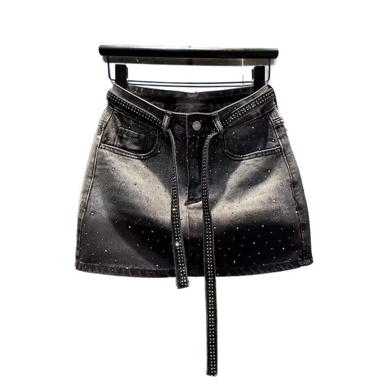 Summer New Rhinestone Five-point Denim Wide Leg A- Line Skirt