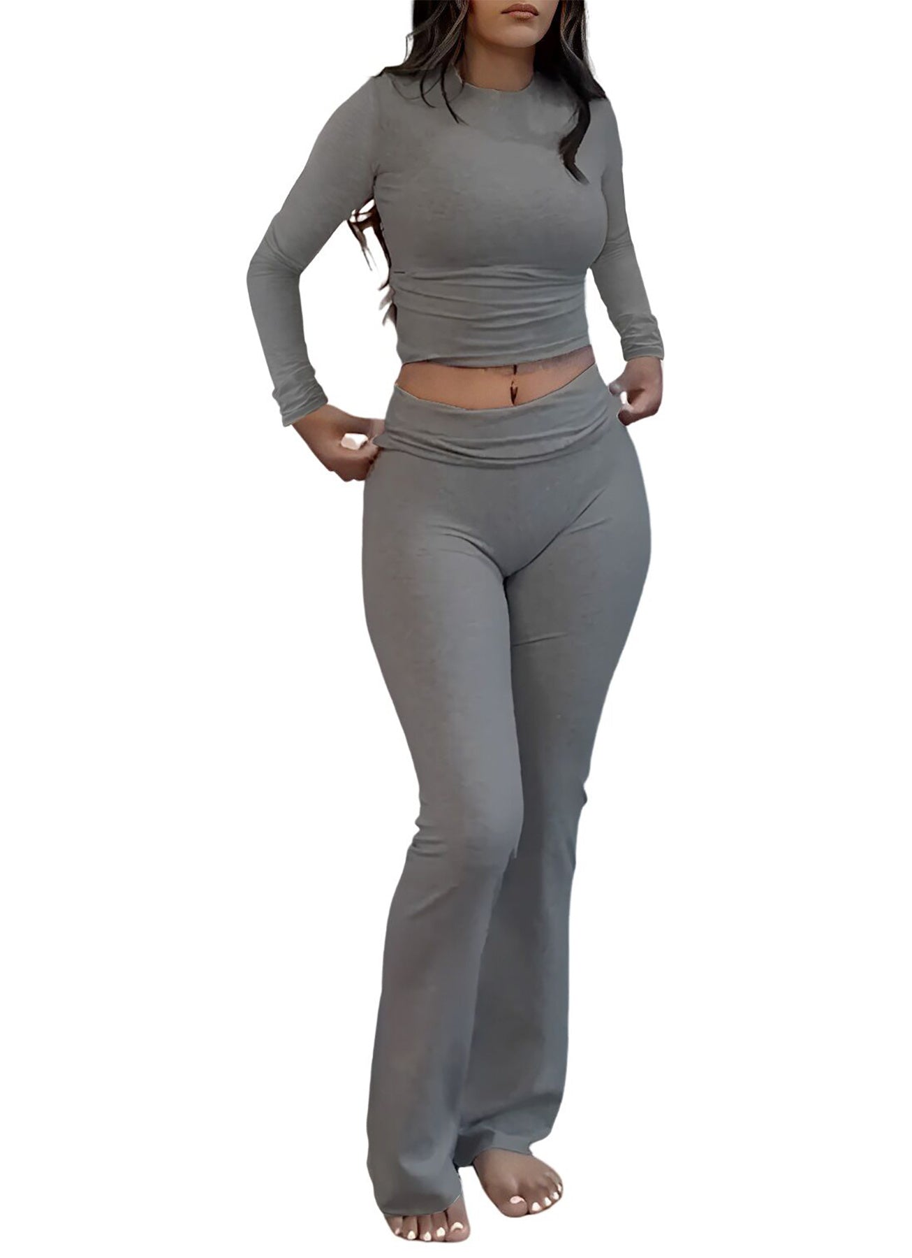 Long Sleeved High Waisted Foldable Flared Pants Set