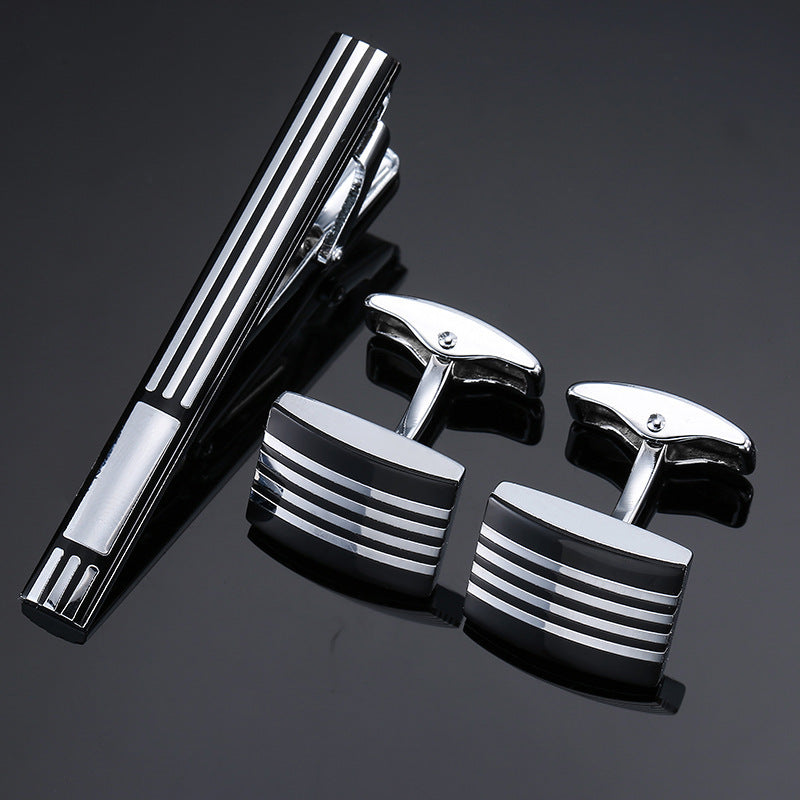 Gold Silver Black Square Brushed Tie Clip And Cufflinks