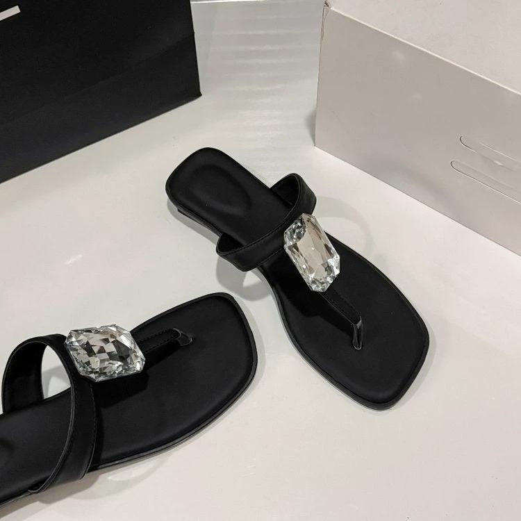 Oversized Crystal, Square Toe, Thong Sandals, French Glam, Low Block Heel, Slides by GJG Denim