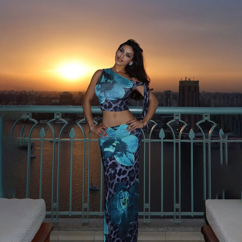 Contrast Color Leopard Print Flower Print Sleeveless Midriff-baring Long Dress Suit