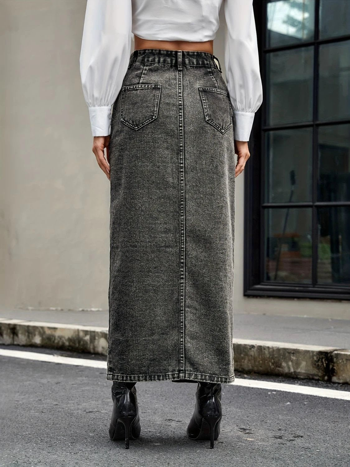 Button Up High Rise Denim Skirt by Lady Ros