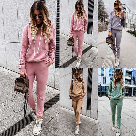 Two-Piece Solid Color Casual Hooded Sweatshirt Sportswear Suit