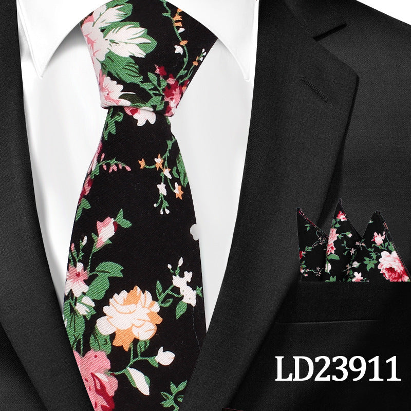 Men's Casual Cotton Floral Print 6cm Tie and Pocket Square