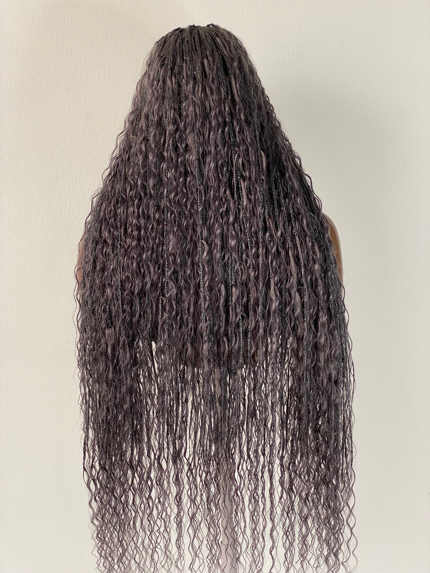 100% Human Hair Bohemian Knotless Braid Wig, Gray Color, Waist Length - (TARA GERY)