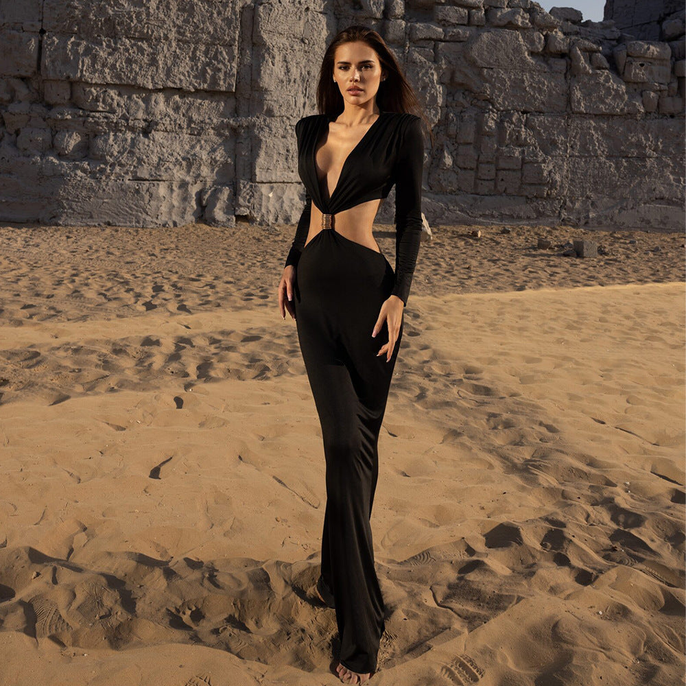 Elegant Deep V Long Sleeve Dress Sexy Cutout