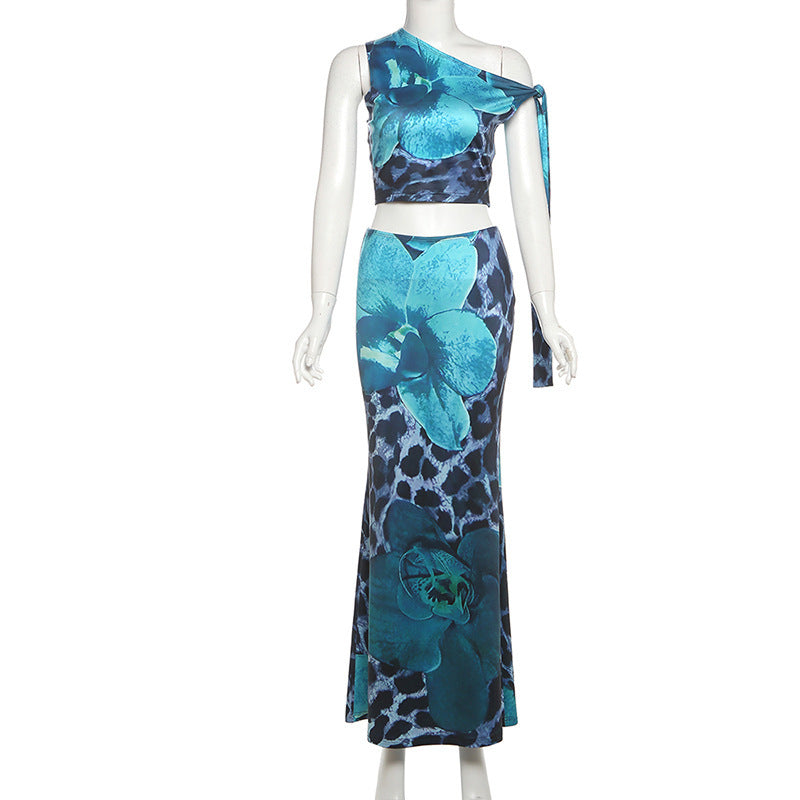 Contrast Color Leopard Print Flower Print Sleeveless Midriff-baring Long Dress Suit