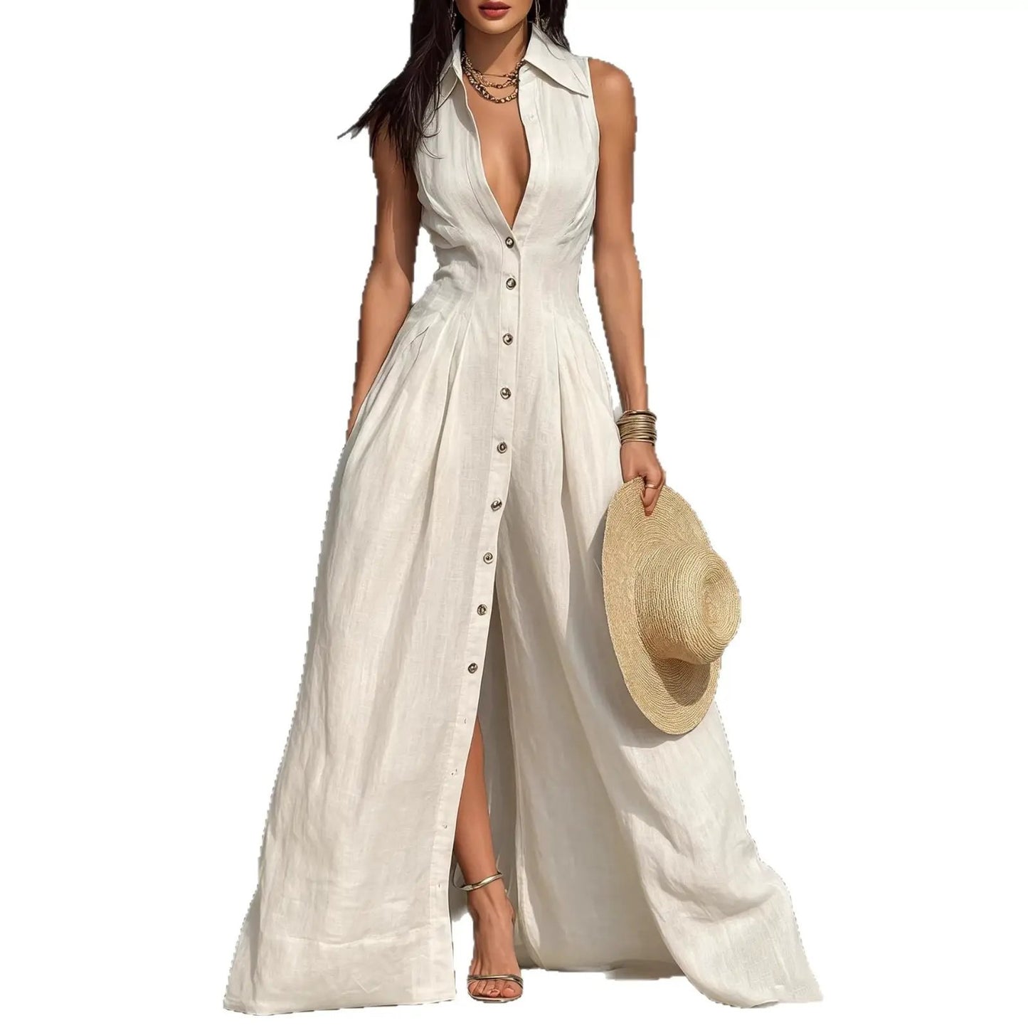 High-waisted Lapel Shirt-style Maxi Dress by GJG Denim