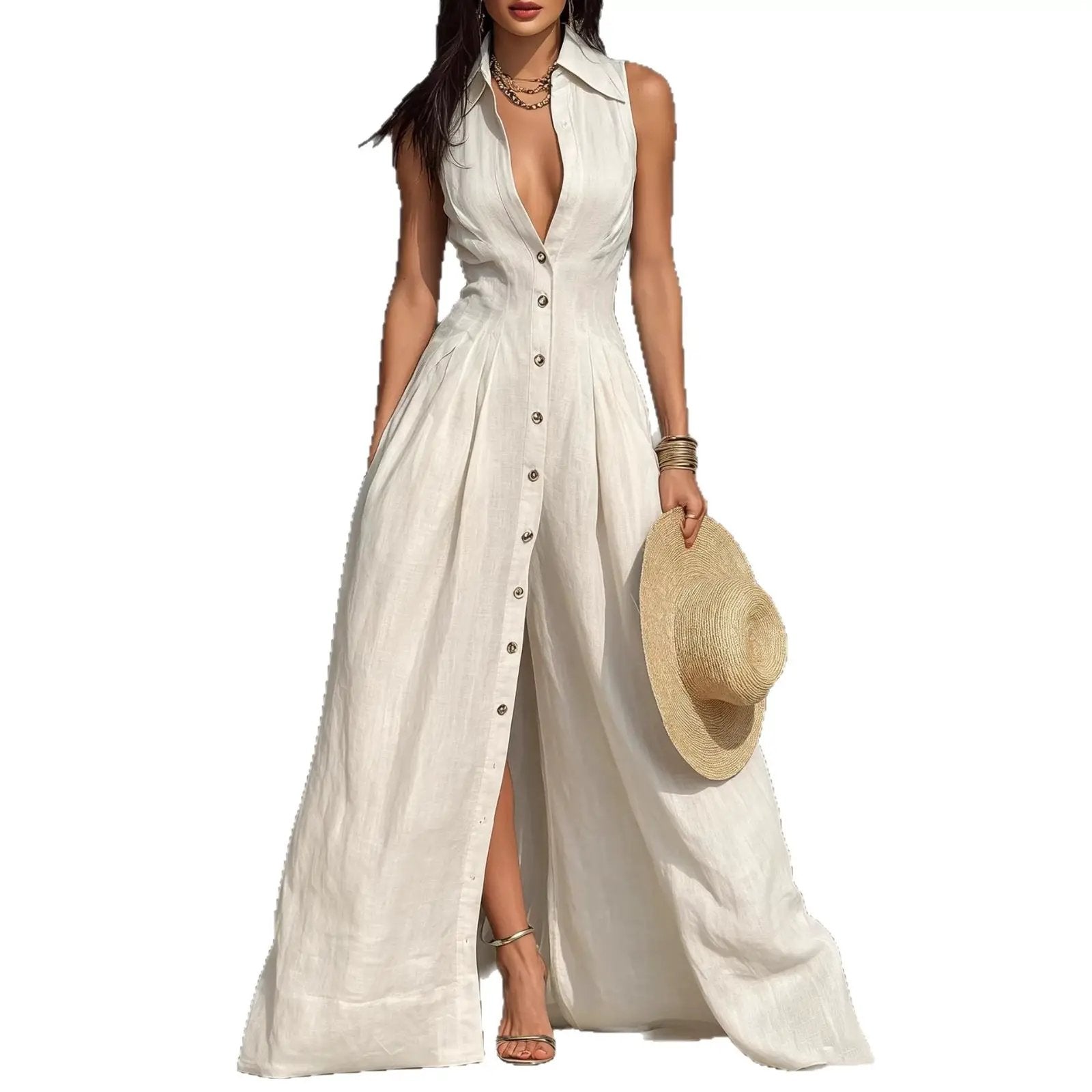 High-waisted Lapel Shirt-style Maxi Dress by GJG Denim